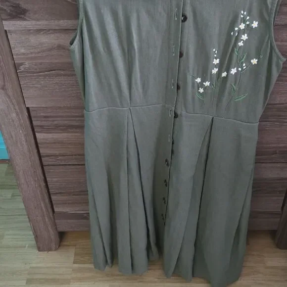 Emsilk Design Hand Embroidered Linen Dress: Olive Green Floral Tea Dress - Picture 8 of 8